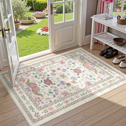 Deerly Floral Rugs for Entryway 2x3 Washable Small Vintage Boho Bathroom Door Mat Non-Slip Soft Low Pile Thin Indoor Carpet for Kitchen Entrance Farmhouse Throw Rug, Beige/Light Pink/Multi - color: Beige/Light Pink/Multi, size: 2' x 3' (Rectangular)