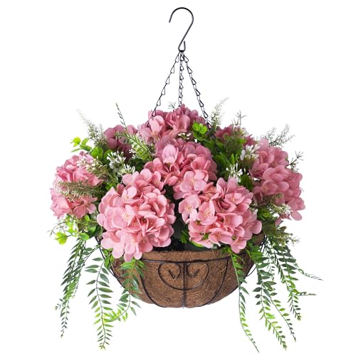 Artificial Hanging Hydrangea Flowers with Basket for Outdoor Spring Decoration, Fake Silk Hydrangea Flower Outdoor Indoor Arrangements, Fake Hanging Plants for Balcony Garden Yard Decor(Champagne) - color: Z-champagne With Basket