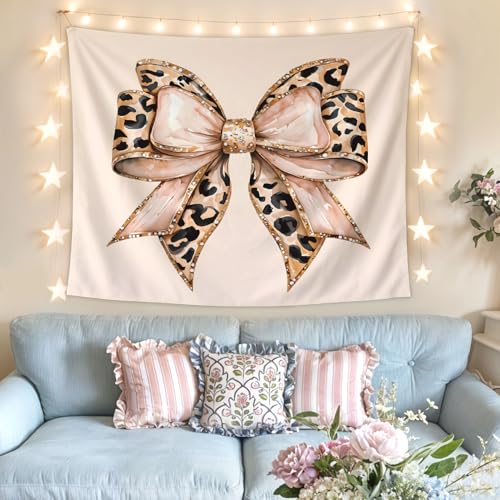 Lacama Cheetah Print Tapestry Western Tapestry，Coquette Bow Estern Decor Wall Art for Bedroom Home Room College Dorm, Trendy Leopard Print Gifts for Women Teen Girls Room, Cowgirl Room Decor, 50x60In - color: Bow