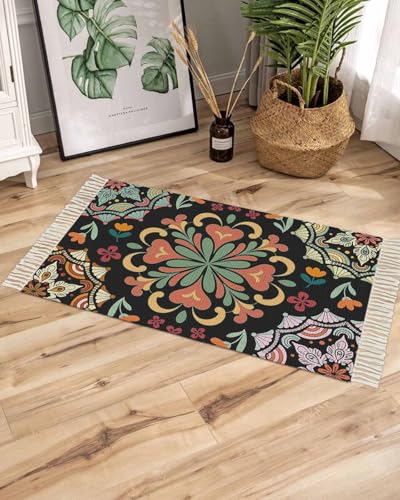Black Boho Bathroom Rug 2' x 3', Ethnic Country Colorful Abstract Floral Motifs Low Profile Front Entryway Rug with Tassels, Woven Cotton Washable Kitchen Mat Carpet for Foyer Bedroom Back Door Decor - color: Multicolor Black, size: 2' x 3' (Rectangular)