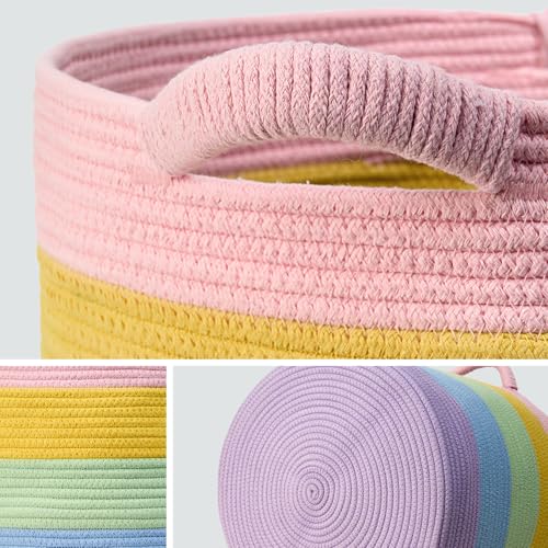 Blanket Basket (16" Dx14 H) - Round Woven Rope Storage for Living Room Throws, Pillows & Laundry- Rainbow - color: Rainbow, size: 16" X 16" X 14"