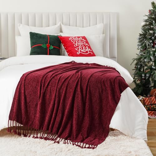 BATTILO HOME Burgundy Chenille Throw Blanket, Decorative Red Knit Throw with Fringe, Lightweight for Christmas Decor, 50"x60" - color: Burgundy