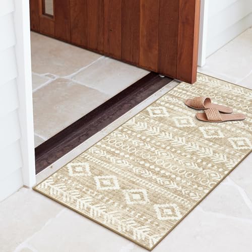 Lahome Boho Geometric Bathroom Runner Rug, 2x4 Low-Pile Tan Washable Rugs for Entryway Non-Slip Rubber Backing, Rustic Print Pattern Soft Throw Mat Indoor Door Mat for Bedroom Bathroom Varena - color: Tan/White, size: 2' x 4'