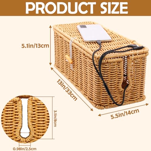 Cable Management Box, Handmade Imitation Rattan Cord Cable Organizer, Open Slots Cords Hider Box Cord Basket Under Desk Cord Organizer for Computer Router USB Hub & Power Strip - size: 13.0" (L) x 5.5" (W) x 5.1" (H) - 1 Pack