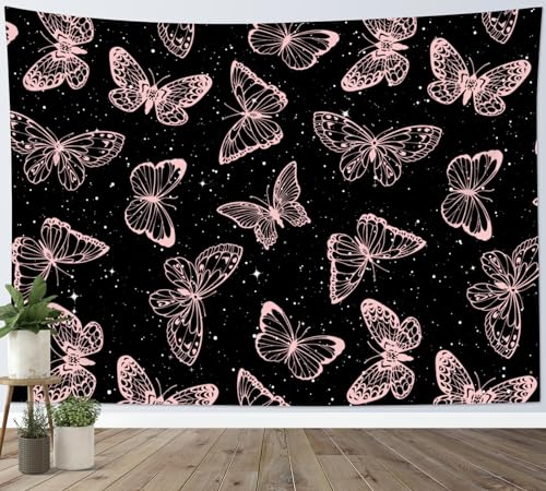 HVEST Pink Butterfly Tapestry Wall Hanging on Black and White Galaxy Space for Bedroom, Nature Landscape for Kids Room Dorm Living Room Decor, 36L X 48W Inches - color: Black Pink, size: 36"L x 48"W