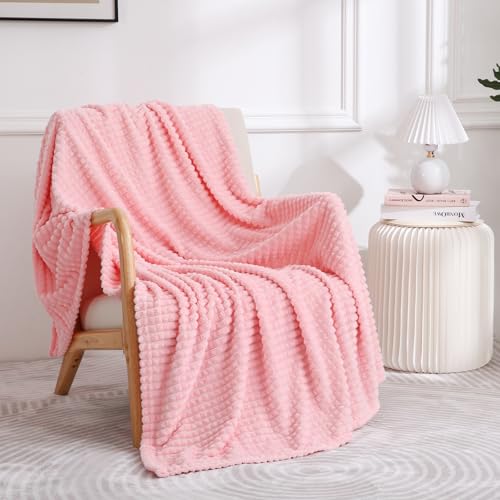 Puncuntex Light Pink Flannel Fleece Throw Blanket 50"×60",Soft Plush Cozy Valentines Blankets,Birthday Gifts for Mom,Women,Mothers Day with Square Grid Design for Couch Sofa Chair - color: Light Pink, size: 50"×60"