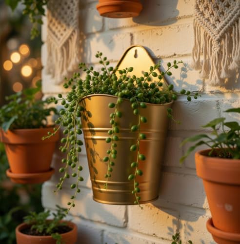 Hosley Set of 2 Gold Wall Planter with PVC Linner 6.25" L x 4" W x 10" H, Ideal Gift for Floral Arrangements Wedding Home Office Party DIY Indoor Outdoor Garden Patio - color: Gold