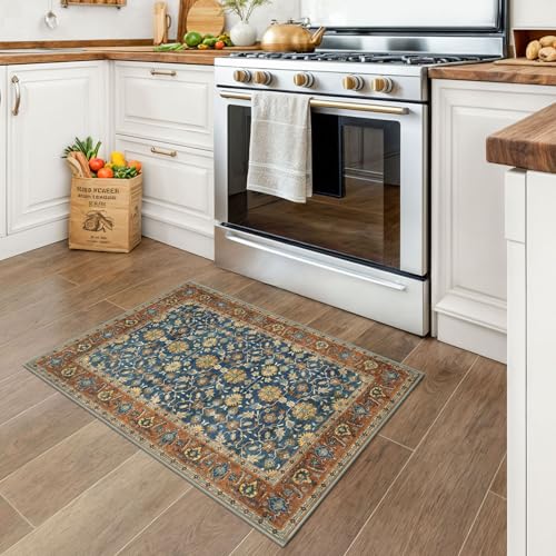 KUTA Vintage 2x3 Rugs for Entryway, Non-Slip Washable Kitchen Area Rug & Indoor Door Mat with Floral Print, Blue Terracotta Ultra Thin Soft Low-Pile Throw Rug for Front Door, Bedside, Small Spaces - color: Blue Terracotta, size: 2' x 3' (Rectangular)