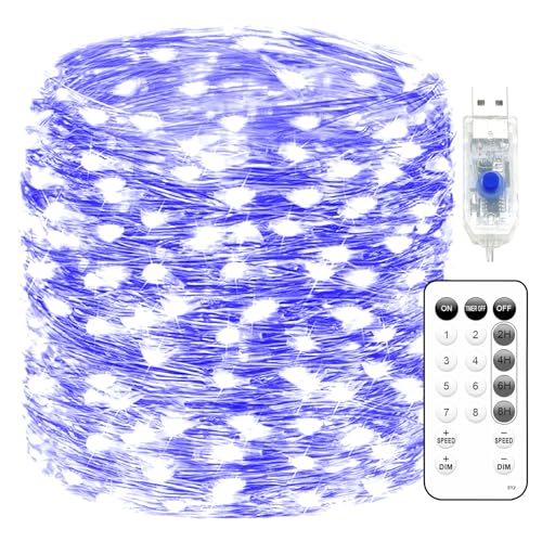 Fairy Lights 66ft 200 LED USB Twinkle String Lights Plug in Silver Wire Lights with Remote and Timer 8 Modes Outdoor Waterproof Starry Lights DIY Party Wedding Christmas Decoration（Blue） - color: Blue