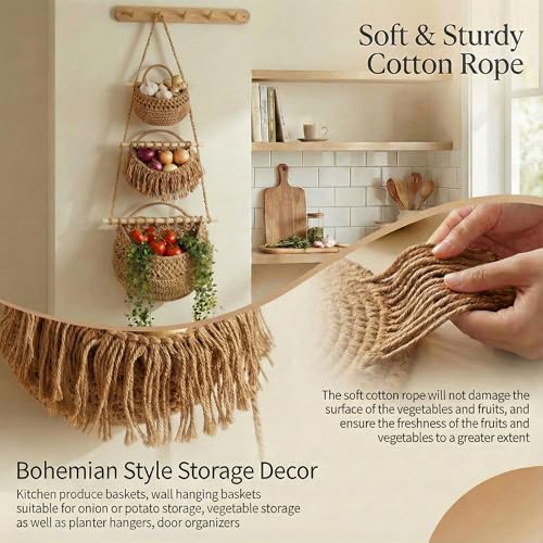 3 Tier Hanging Fruit Basket, Jute Wall Baskets Removable, Portable Produce Baskets for Organizing Fruits and Vegetables,Hanging Basket Wall Storage for Kitchen, Bathroom (Brown) - color: Brown, size: 3 Tier / Tote