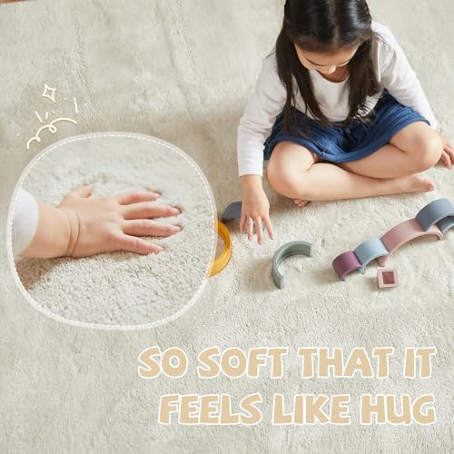 jinchan Solid Plush Area Rug 3x5 Performance Shaggy Washable Rug Indoor Soft Modern Faux Wool Cozy Non Slip Carpet for Living Room Kids Room Bedroom Dining Room Nursery Ivory - color: Solid Ivory, size: 3' x 5' (Rectangular)