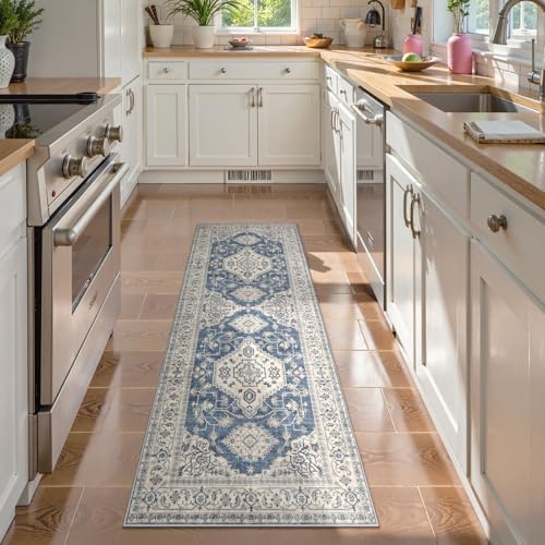 Lahome Oriental Kitchen Runner Rug Non Slip, 2x5 Washable Hallway Runner with Rubber Backing, Vintage Hallway Rug Ultra-Thin Soft Carpet for Bedroom Bathroom Eleanor, Blue - color: Blue, size: 2' x 5' (Runner)