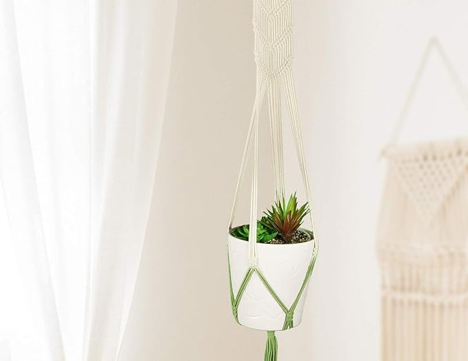 LIVALAYA Macrame Plant Hangers Wall Planter - Green Ombre 48 Inch, for Indoor or Outdoor, 100% Cotton Rope Hanging Plant Holder with Tassel for Flower Pots and Succulents Modern Boho Home Décor