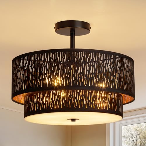 Modern Black Linen Drum Semi Flush Mount Ceiling Light with Pierced Design, Perfect Lighting Fixture for Bedroom, Dining Room, Kitchen, Living Room, or Hallway Chandelier Lamp - color: Black