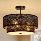 Modern Black Linen Drum Semi Flush Mount Ceiling Light with Pierced Design, Perfect Lighting Fixture for Bedroom, Dining Room, Kitchen, Living Room, or Hallway Chandelier Lamp - color: Black