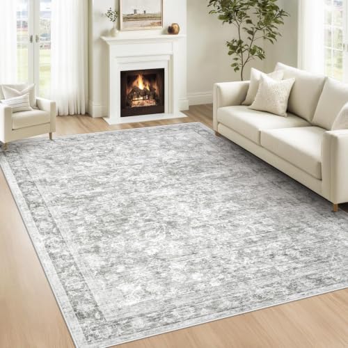 5x7 Area Rugs for Living Room: Washable Vintage Floral Rug Low Pile Non-Slip Boho Carpet for Bedroom Nursery Dining Room (Grey, 5'x7') - color: Grey, size: 5' x 7' (Rectangular)