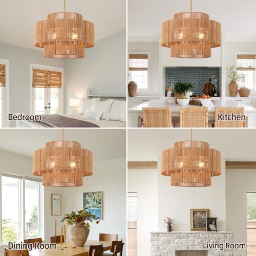 24.2 inch Boho Rattan Chandeliers for Dining Room, 4-Light Large Boho Pendant Light Rustic Drum Chandelier Farmhouse Rattan Light Fixtures for Kitchen Island Foyer Bedroom (Gold), 70.8"H Max