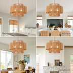 24.2 inch Boho Rattan Chandeliers for Dining Room, 4-Light Large Boho Pendant Light Rustic Drum Chandelier Farmhouse Rattan Light Fixtures for Kitchen Island Foyer Bedroom (Gold), 70.8"H Max