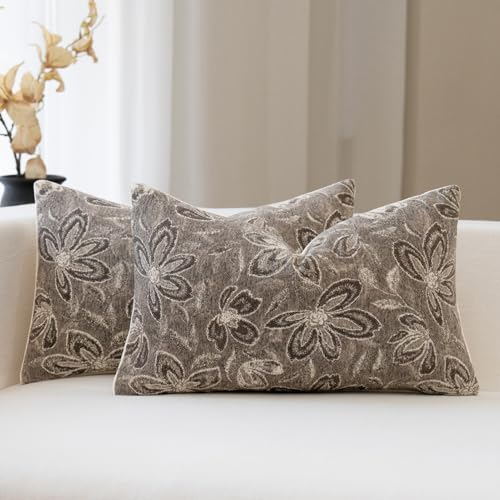 FIOUOVO Floral Throw Pillow Covers 12x20 Set of 2 Farmhouse Pillow Covers Vintage Neutral Accent Pillowcases Decorative Cushion Covers for Sofa Couch Living Room Bedroom Home Decor, Taupe - color: Taupe, size: 20" x 12" (Pack of 2)
