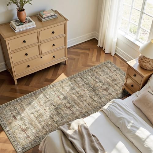 2x6 Hallway Runner Rug, Washable Vintage Retro Long Runner Rugs for Kitchen Laundry, Soft Ultra Thin Non Slip Low Pile Traditional Distressed Boho Carpet for Bedroom Bathroom, Charcoal Olive - color: B-charcoal / Olive, size: 2x6