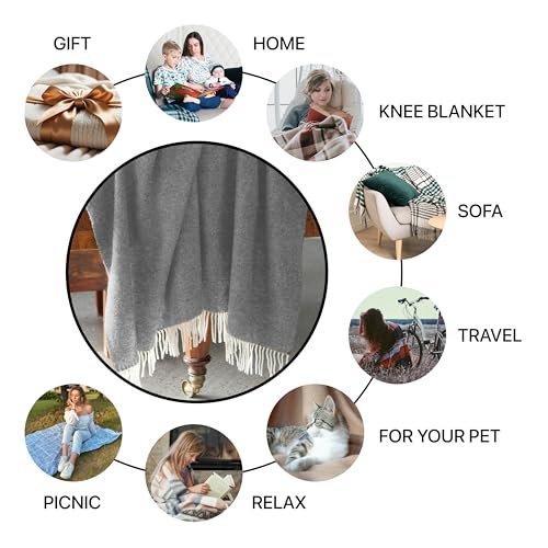 New Zealand Virgin Wool Throw Blanket, Indoor & Outdoor, Soft Blanket with Fringes, 55 x 79 in (140 x 200 cm) - color: Smoke Gray, size: Twin