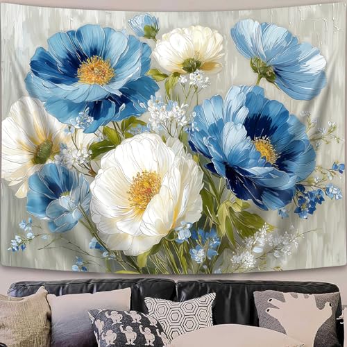 DYNH Blue White Floral Tapestry,Natural Aesthetics Elegant Tapestrie,Modern Flower Painting Wall Hanging,Watercolor Aesthetic Art Decor for Bedroom Living Room Dorm,60X50 In - color: Blue White, size: 60"L x 50"W
