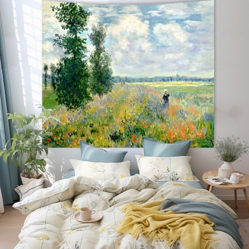 Monet Garden Art Poster Tapestry for Bedroom Aesthetic, Green Spring Garden Small Wall Tapestries, Nature Scenery Artwork Wall Hanging, Vintage Floral Tree Decor for Living Room Dorm (51inx60in) - color: Monet Garden Tapestry, size: 60"L x 51"W