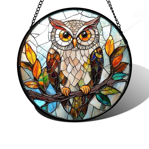 DASTOLL Stained Glass Window Hanging, Owl Colorful Leaves Birds Sun Catchers Diamond Glass Panel Hangings Suncatcher Decor for Birthday for Women, Men, Wife, Aunt, and Mom 6.3 in - color: Brown, size: 6.3x6.3 IN