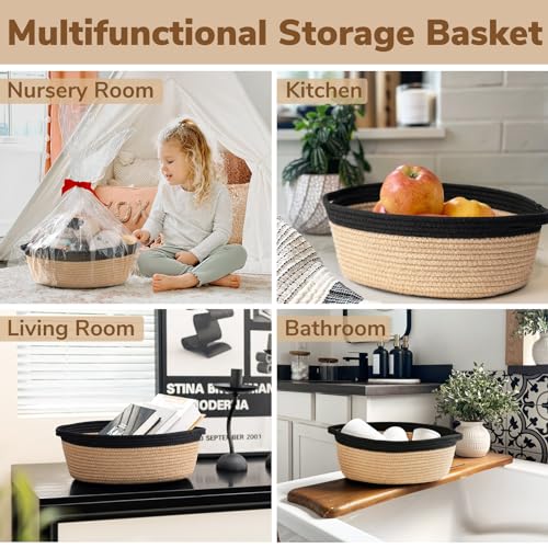Goodpick Small Woven Basket, Decorative Basket for Home Decor, Small Woven Baskets with Handles for Gifts, Dog Toy Bin, Storage Baskets for Bathroom, Living Room, 12"x 8" x 5", Jute and Black - color: Black, size: 12x8x5 Inch (Pack of 1)