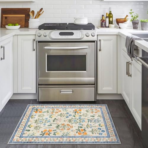 Lansny Boho Entryway Rug 2x3 Washable, Garden Yellow-Green Floral Kitchen Rug, Super Thin Faux Wool Small Area Rug, Non-Slip Soft Carpet for Foyer, Bedroom, Office - color: Garden Yellow-green, size: 2' x 3' (Rectangular)