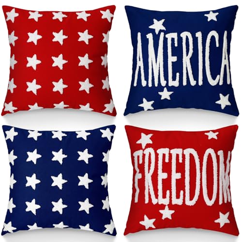 Fourluoo 4 Pcs 4th of July Throw Pillow Covers 18x18 Inch Patriotic Soft Plush Faux Fur Jacquard Cushion Pillow Case Freedom America Red White and Blue Pillowcase for Cushion Case Sofa Couch Decor - style: Patriotic