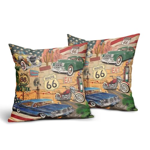 Antique Car Pillow Covers 16x16 Inch Set of 2 Classic Old Car Cotton Linen Decorative Throw Pillow Case Route 66 Motorcycle Cushion Cover for Bedroom Sofa Living Room Chair Home Decor - color: Antique Car, size: 16" x 16" (Pack of 2)