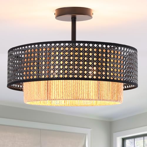 15.7-inch semi-recessed Ceiling Light with a Double-Drum Bohemian Rattan Woven Pendant, Suitable for bedrooms, Living Rooms, Dining Rooms, porches, and Kitchens. - color: 15.7'' Rattan&Hemp rope Black