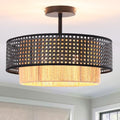 15.7-inch semi-recessed Ceiling Light with a Double-Drum Bohemian Rattan Woven Pendant, Suitable for bedrooms, Living Rooms, Dining Rooms, porches, and Kitchens. - color: 15.7'' Rattan&Hemp rope Black