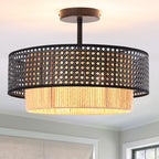 15.7-inch semi-recessed Ceiling Light with a Double-Drum Bohemian Rattan Woven Pendant, Suitable for bedrooms, Living Rooms, Dining Rooms, porches, and Kitchens. - color: 15.7'' Rattan&Hemp rope Black