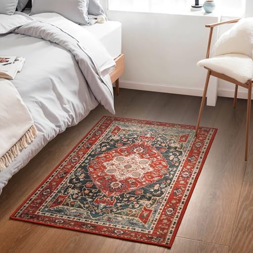 YJ.GWL Area Rug 2x3 Floral Vintage Rugs, Indoor Entrance Door Mat Small Washable Rugs, Non Slip Carpet for Living Room Entryway Kitchen, Orange-Red - color: Orange-red, size: 2' x 3' (Rectangular)