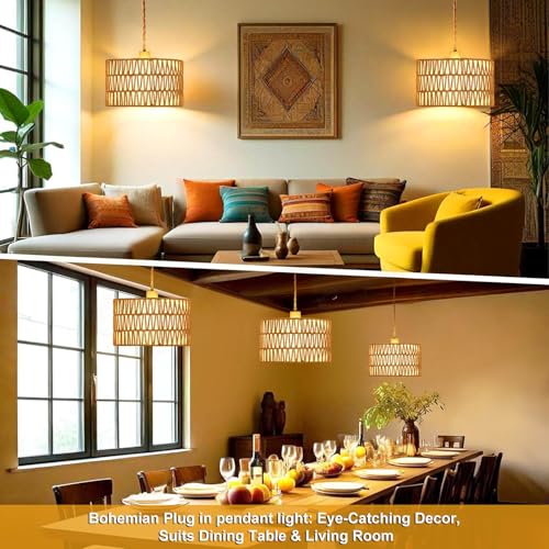 Dimmable Boho Hanging Lights with Plug in Cord 14.7ft，2 in 1 Shade Plug in Pendant Light Rattan Hanging Lamp with E26 Bulb, Long Lasting Wicker Plug in Pendant lamp Fixture for Living Bedroom - size: 2 tier HL-10