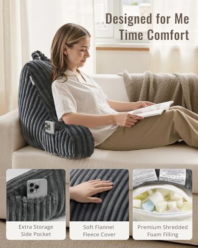 Blissful Diary Reading Pillow for Sitting in Bed, Large Flannel Back Pillow Bed Sitting Up for Adult & Children, Backrest Cushion for Sit Up in Couch or Floor, Dorm Essentials, Dark Gray - color: Fuzzy Dark Gray, size: Large(20inch)