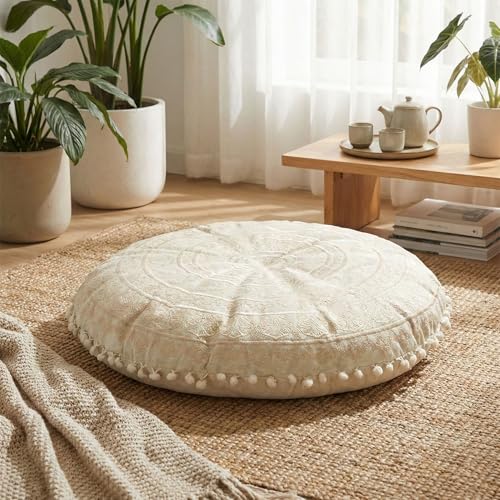 Mandala Life ART Bohemian Floor Cushion Cover –24 inches - Room Décor Decorative Round Pillow Case for Meditation, Yoga, and Boho Chic- Seating Area - color: Natural Beige, style: Pillow Cover