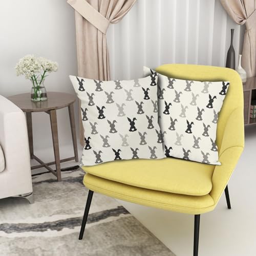 Happy Easter Pillow Covers 16x16 Inches Grey Black Bunny Throw Pillow Case Set of 2 Easter Rabbits Pillow Cover Cotton Linen Spring Cushion Cover for Home Couch Sofa Bedroom Livingroom - color: Bunny231123, size: 16" x 16" (Pack of 2)