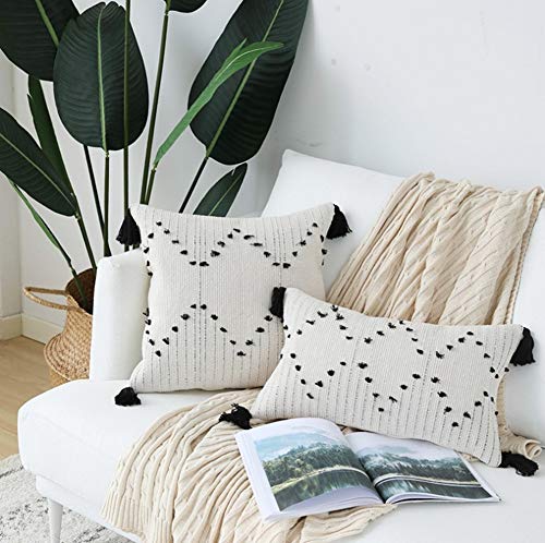 LEVINIS Decorative Boho Throw Pillow Covers 18 x 18 Inch, Black and White Hand Woven Cotton Tassel Pillow Case for Couch, Party, Car, Office, Farmhouse Decor - color: Tribal Geometric, size: 18" x 18" (Pack of 1)