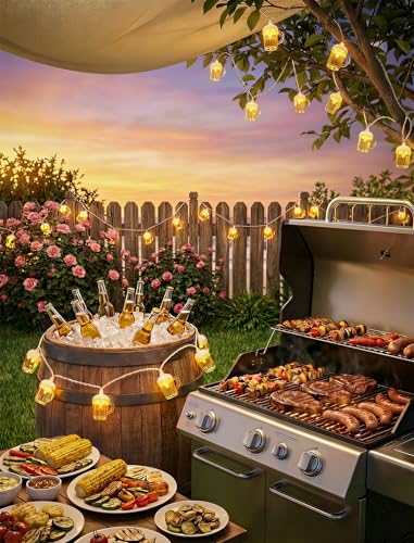 Beer String Lights Outdoor, 12.5FT Summer Decorative Camping String Lights with 10 3D Beer Mug Lights, Plug in Connectable Novelty Fairy Lights for Tropical Themed Wedding Bistro Bar Party Decor - color: Beer Mug Lights