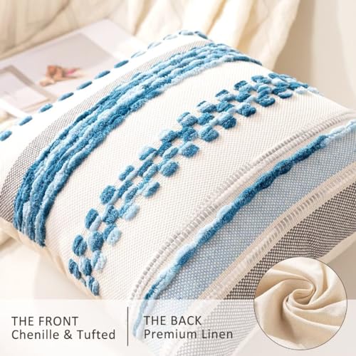 Boho Throw Pillow Covers 18x18 Set of 2 Farmhouse Decorative Cushion Case Striped Square Pillows Cover Chenille Pillow Cases Accent Neutral Pillowcase for Sofa Couch Bed,Sky Blue - color: Sky Blue Stripe