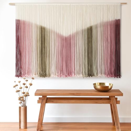 IOWER Large Macrame Wall Hanging Boho Wall Decor Large Scale Tie-Dye Yarn Living Home Room Boho Wall Decor for Bedroom Home Wall Art 57" W x 35" L - color: light pink