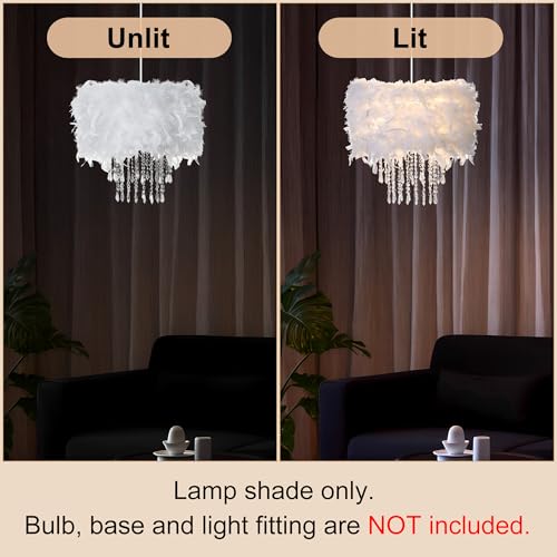 Feather Lamp Shade with Acrylic Beads Droplets, Universal Fit Light Shade for Pendant, Table, Floor & Wall Lighting, Girl Bedroom Decor, ID 11.8inch, OD 15.7inch, White - color: White, size: 15.7 inches