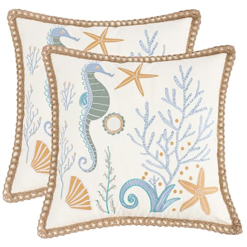 LUOYEHK Summer Coastal Throw Pillow Covers 18x18 Inch Set of 2 Tropical Embroidered Pillowcase with Jute Rope Farmhouse Decorative Cushion Covers for Couch Sofa Bed Home Decor, Seahorse Coral - color: Seahorse Coral