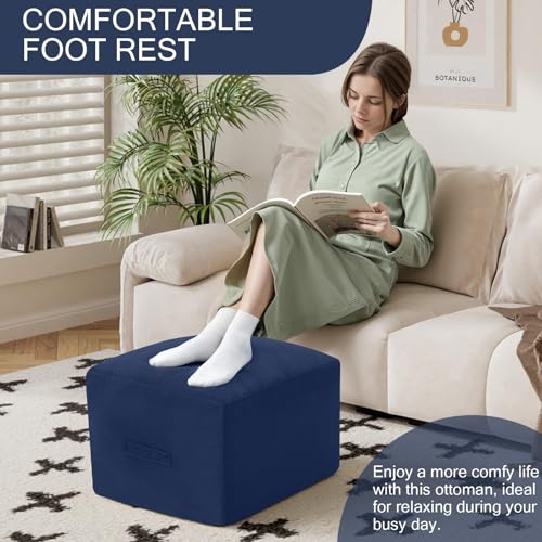 MeMoreCool Square Stuffed Pouf Ottoman Foot Rest, Floor Pouf Foot Stool with Foam Chunk Filling, Soft Stuffed Ottoman Footrest for Living Room, Navy - color: Grid Navy