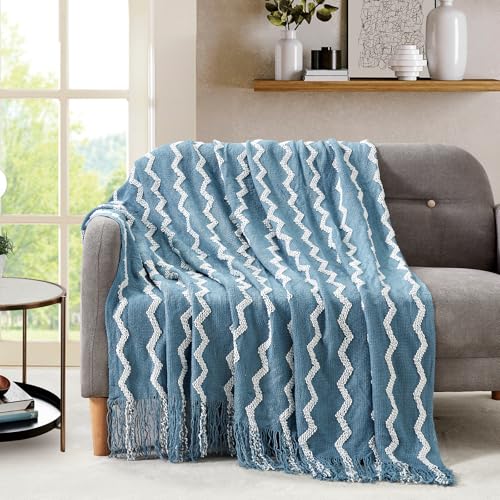 BOURINA Fluffy Chenille Knitted Fringe Throw Blanket Lightweight Soft Cozy for Bed Sofa Chair Throw Blankets, Blue 50" x 60" - color: A-blue, size: 50"×60"
