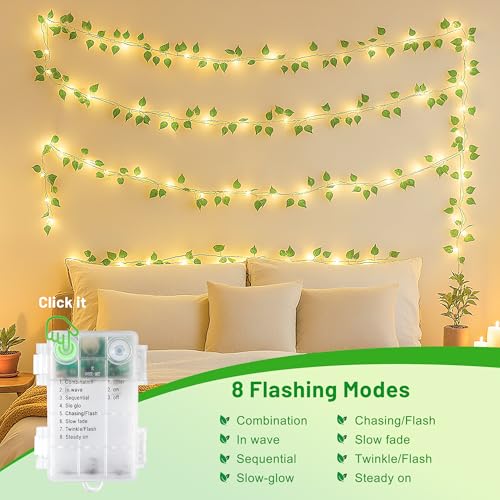 YOUNGAR Pothos Vines with Fairy Lights,Leaf String Warm White Lights Battery/USB Operated,23FT 73LED Fake for Bedroom Wall Room Wedding Birthday Garden Party Wall Room Decor - color: Pothos (Warm White), size: 73 LED-USB/Battery-Copper Wire-1Pack