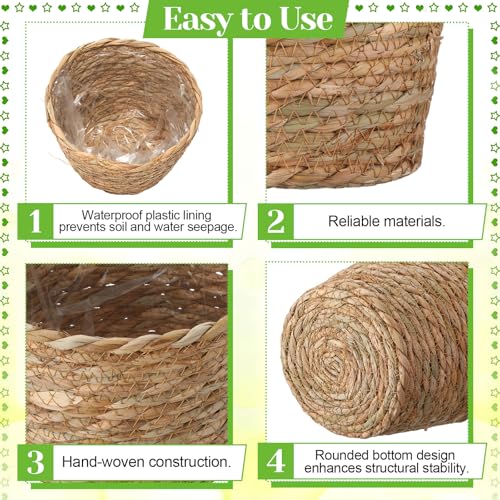 4 Pcs Straw Plant Baskets Indoor Rattan Woven Flower Baskets with Plastic Liner, Cattail Plant Planter for Indoor Outdoor Rustic Boho Home Farmhouse Floor Potted Pots Decor - color: Natural, size: S(6.3" Top D X 4.3" Bottom D X 4.3"h), style: Cattail